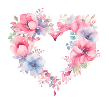 Wedding floral heart wreath composition. Watercolor flowers isolated on white illustration.