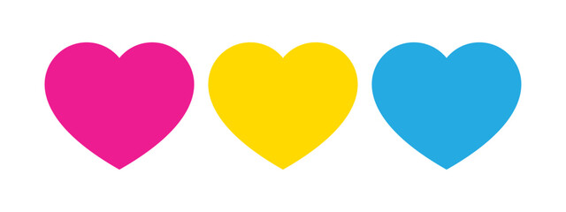 Pink, yellow, and blue colored heart icon, as the colors of the pansexual flag. LGBTQI concept. Flat vector illustration.	