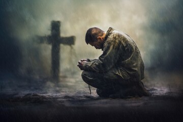 Christian man praying in front of the cross - obrazy, fototapety, plakaty