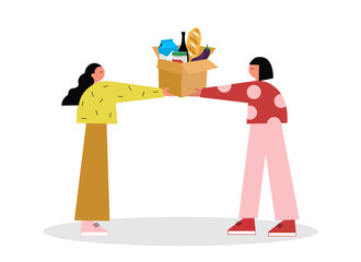 Young people holding box with different food. Donation concept. Volunteers help with food for poor people concept. Voluntary community assistance to people. Flat vector illustration in cartoon style