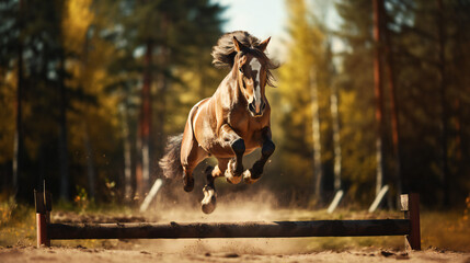 Horse jumping over barrier