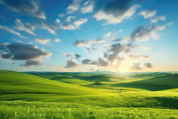 Obraz premium Beautiful Summer Fields Landscape With Sunrise, Green Hills, And Blue Sky. Generative AI
