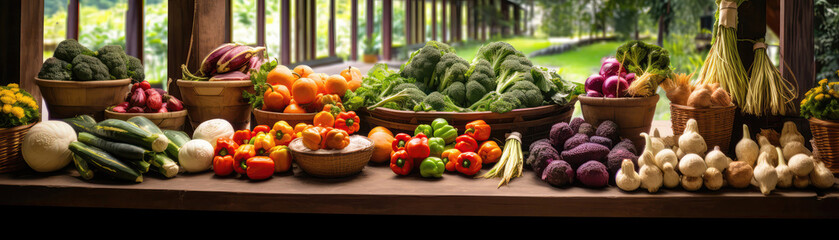 Charming Farm Market Scene With Colorful Stalls Displaying Variety Of Fresh Produce. Panoramic Banner. Generative AI