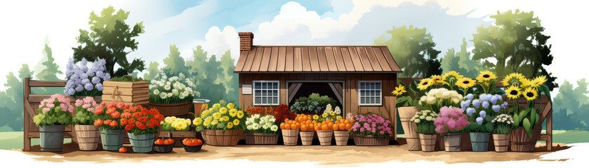 Fototapeta na wymiar Charming Farm Stand Filled With Fresh Produce And Flowers. Panoramic Banner Illustration. Generative AI