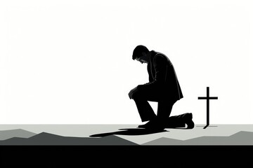 Silhouette of a man praying in front of a cross