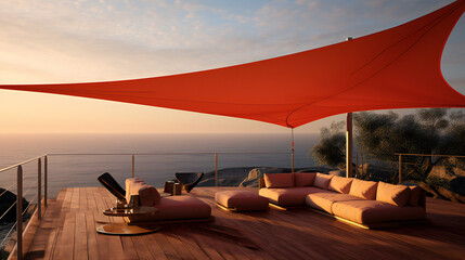Fototapeta na wymiar Shade Sail above wooden deck terrace at Sunset, sofa, table, chair, romantic, holiday vacation, sea view