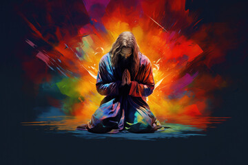 Fototapeta na wymiar Man praying on a colorful background