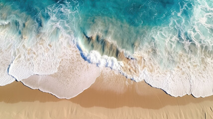 Fototapeta na wymiar ocean wave on coastal zone, white sand, deep blue water generative ai