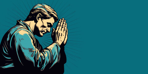Praying man in vintage style. Pop art vector illustration.