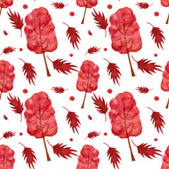 Watercolor pattern, red tree, leaves, dots on white background. Pattern for thanksgiving, halloween, wrapping paper, etc