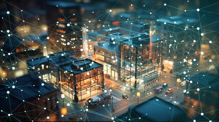 smart city in the night background. building with connection line. digital social network as modern house and office data communication. generative AI