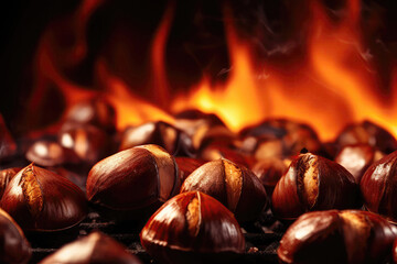 Closeup Of Roasted Chestnuts With Space For Text. Generative AI