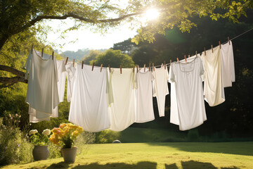 Clothesline With Freshly Laundered Bedsheets Gently Blowing. Generative AI