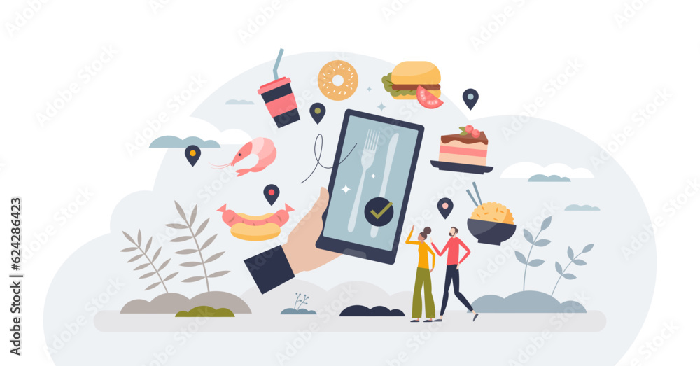 Poster food delivery apps and application for meal orders tiny person concept, transparent background. onli