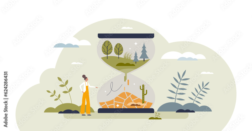 Poster climate change and devastating drought from deforestation tiny person concept, transparent backgroun