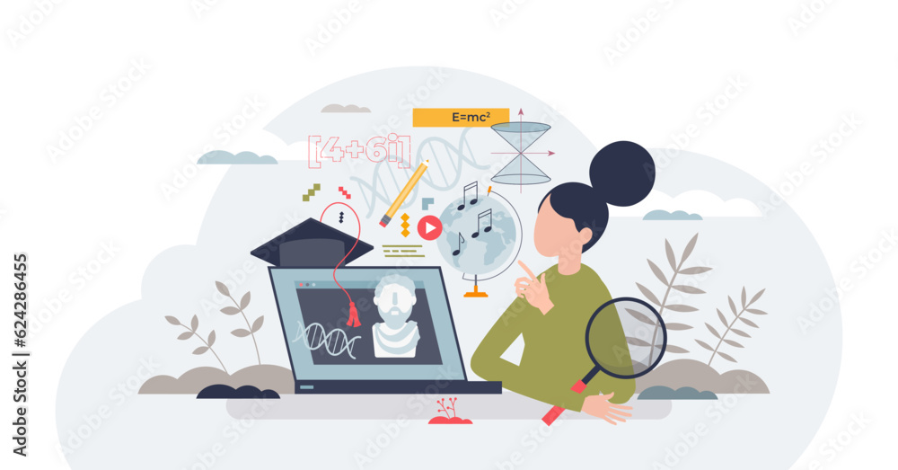 Poster online learning as e-learning course with distant content tiny person concept, transparent backgroun