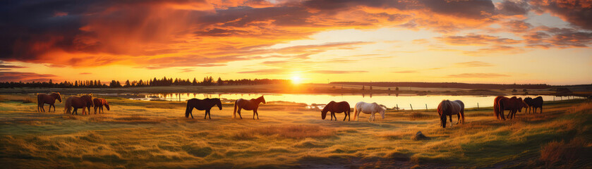 Fototapeta na wymiar Purebred Horses Peacefully Grazing In Field At Sunset. Panoramic Banner. Generative AI