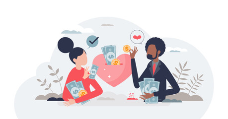 Financial planning for couples and saving for common goal tiny person concept, transparent background.Marriage budget calculation or finance investment for future funds illustration.