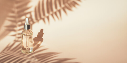 banner serum on beige background with natural shadow