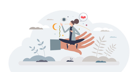 Inner peace with mental balance or psychological wellness tiny person concept, transparent background. Meditation or yoga posture for mind health practice illustration.