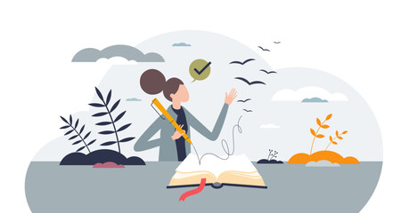 Journaling the journey or write diary about personal life tiny person concept, transparent background. Notebook artist writing with author inspirational and motivational text for publication.