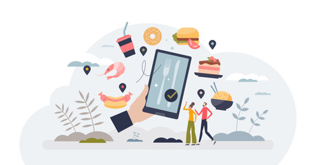 Fototapeta na wymiar Food delivery apps and application for meal orders tiny person concept, transparent background. Online service with fast and easy catering menu distribution illustration. Web software for pizza.