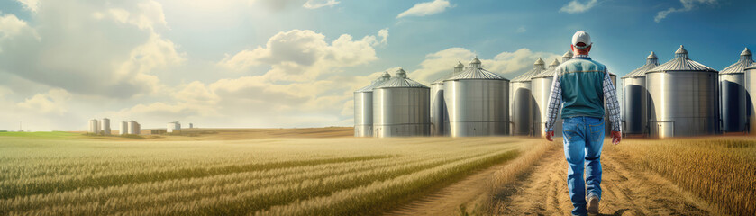 Male Farmer Walking Along Silos On Sunny Farm. Panoramic Banner. Generative AI