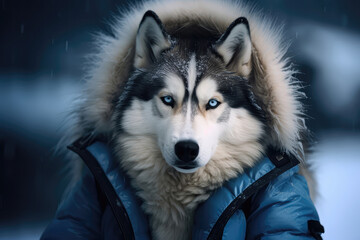 Husky With Stunning Blue Eyes And Stylish Furtrimmed Coat. Generative AI