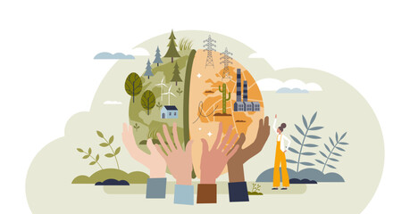 Climate change action to save earth and nature future tiny person concept, transparent background. Environmental movement and social demonstration campaign.