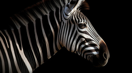 Fototapeta na wymiar Zebra on a black background, created with Generative AI technology.