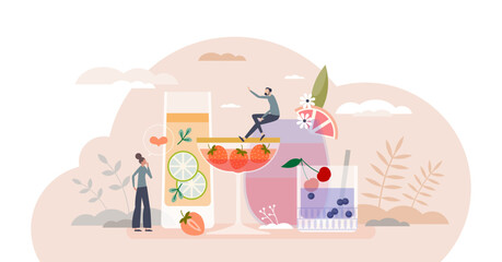 Fototapeta na wymiar Mocktails as cold and fresh drink with berries and fruits tiny person concept, transparent background. Healthy non alcoholic alternative to classical cocktails in summer illustration.