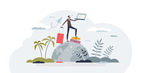 Fototapeta na wymiar Managing work and travel with business and leisure trip tiny person concept, transparent background.Businessman in vacation with holiday luggage and laptop illustration.