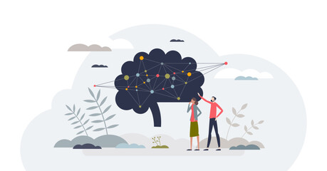 Neuropsychology study for brain cognition and behavior tiny person concept, transparent background. Neurology and psychology interaction learning.