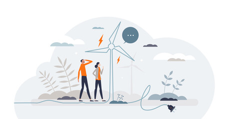 Reusable energy and wind resource usage for electricity tiny person concept, transparent background. Green and ecological power production with alternative methods illustration.