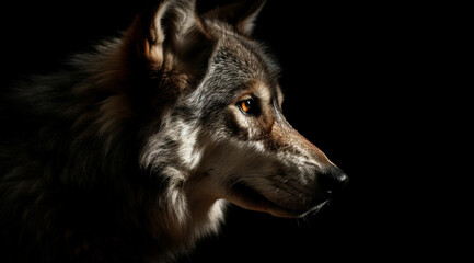 Wolf on a black background, created with Generative AI technology.