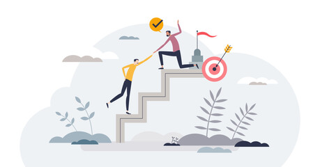 Power of mentoring and teacher strength for success tiny person concept, transparent background. Help with motivation, development, growth and advices for effective development illustration.