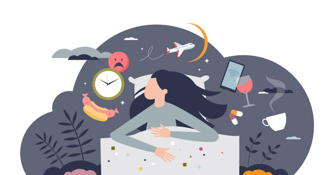 Insomnia causes and trouble with sleeping at night tiny person concept, transparent background. Sleepless problem causes and bad habits impact to relaxation and quality sleep hygiene illustration.