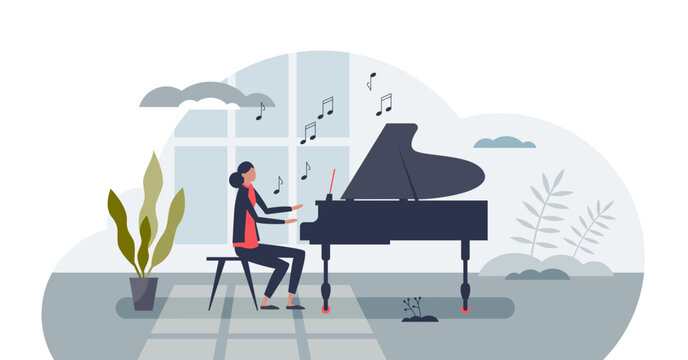 Innate talent hobby as born with ability to play music tiny person concept, transparent background. Professional skills to perform piano concert, lessons or instrumental harmony writing illustration.