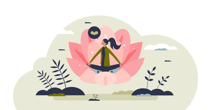 Meditation process with calm and relaxing mental practice tiny person concept, transparent background. Mind and body harmony with peace balance illustration. Breathing technique for mindfulness.