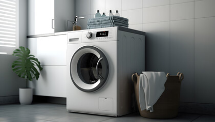 Modern washing machine in interior of home laundry room. Generation AI