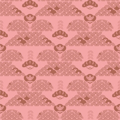 Traditional Japanese Seamless Pattern Background Fabric Patchwork with Waves, Sakura flowers, Chrysanthemum, Japan Style Icon Set Vector art vintage illustration for covers, packages, clothing, kimono