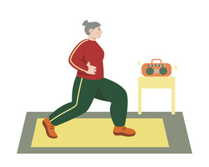 Senior woman in sporty clothes standing on mat and performing exercises. Older peoples activities and hobby. Flat vector illustration in pink and blue colors in cartoon style
