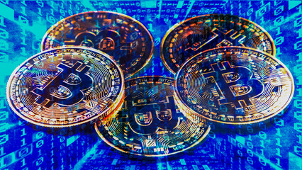 Fototapeta na wymiar Group of bitcoin coins isolated on binary code background. Crypto currency, bitcoin. BTC, Bit Coin. Blockchain technology, mining