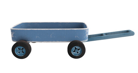 Blue Toy wagon. Rustic cintage trolley. Child's cart isolated on transparent background. 3D illustration.