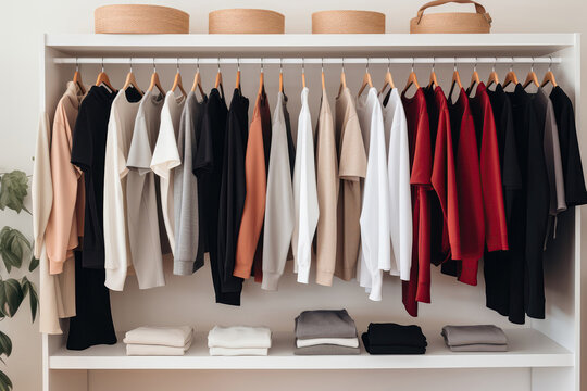 Stylish Activewear And Athleisure Pieces Neatly Folded In Closet. Generative AI