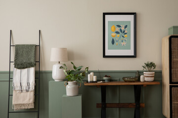 Spring composition of cozy living room interior with mock up poster frame, wooden bench, green stands, stylish lamp, beige bowl, leaves and personal accessories. Home decor. Template.