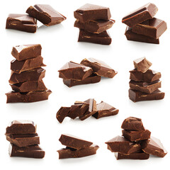 Broken chocolate bar set isolated on white background