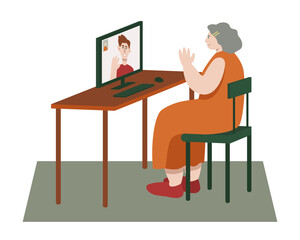 Adult woman sitting at table with computer and having video call with grandson. Older peoples activities and hobby. Flat vector illustration in pink and blue colors in cartoon style