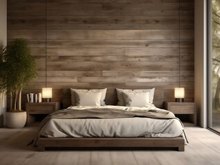 Interior design of modern bedroom with wooden bed against reclaimed barn wood paneling wall generative ai