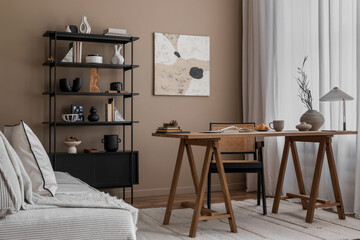 Interior design of japandi workspace interior with mock up poster frame, wooden desk, stylish lamp,...
